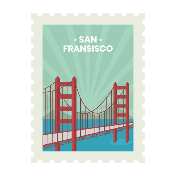 サンフランシスコスタンプ ラベル ステッカーデザインのための光線と山の背景を持つ黄金の門のイラスト — ストックベクタ