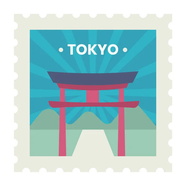 Flat Style Torii Gate Rays Mountain Tokyo Stamp Ticket Design — 스톡 벡터