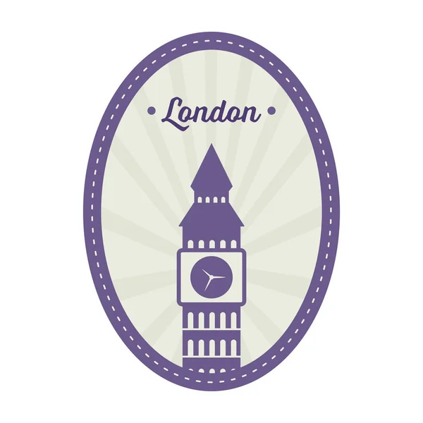 Big Ben Viola Grigio Con Raggi Sfondo Ovale Adesivo Londra — Vettoriale Stock