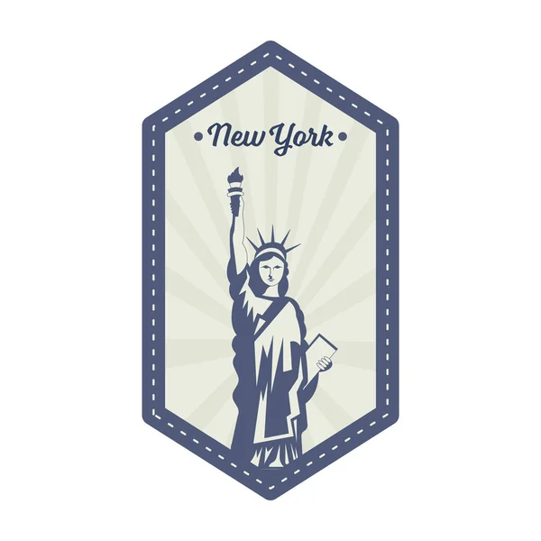 stock vector New York Stamp Or Label Design With Statue Of Liberty Against Rays Hexagon Background In Navy Blue And Grey Color.