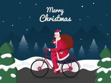 Mutlu Noeller konsepti için, Noel Baba 'nın kar üzerinde ağır bir çantayla bisiklete binmesinin vektör çizimi.