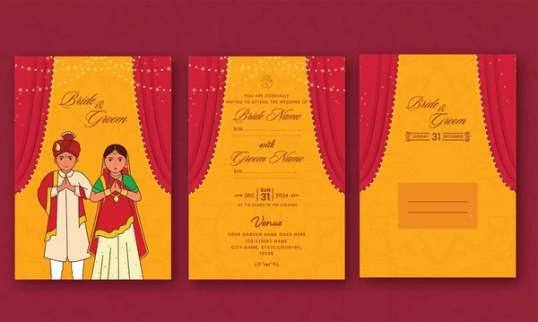 Dubbel Sida Bröllop Inbjudningskort Med Indiska Par Hälsning Namaste Och — Stock vektor