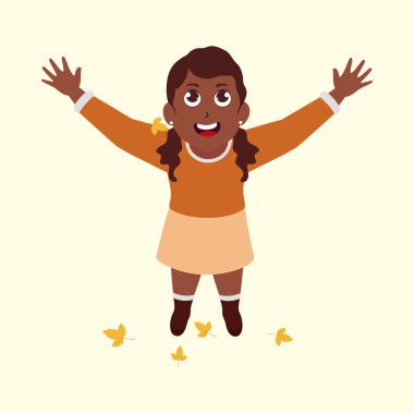 Neşeli Kız Bej arka planda Düşen Yaprakların Keyifle Kollarını Kaldırıyor.