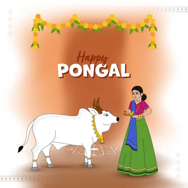 南インドの若い女性と幸せな教皇のお祝いの背景 Bull Animal — ストックベクタ