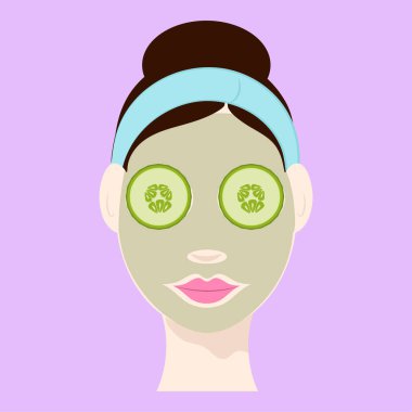 Pembe arka planda salatalık dilimlenmiş kadın yüzü sonrası dinlenme paketi.