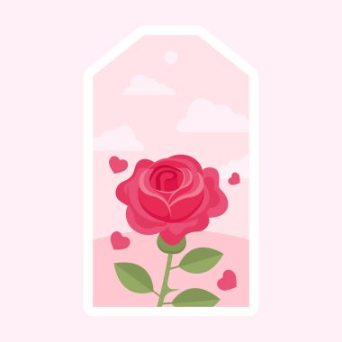 Kırmızı Gül Çiçeği Bud Uçan Kalpler Pembe Bulutlara Karşı Pentagon Arkaplanı.