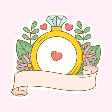 Elmas yüzüklü boş kurdele ve Çiçeğe Karşı Uçan Kalpler Yapıştırma Tarzında Arkaplan Bırakıyor.