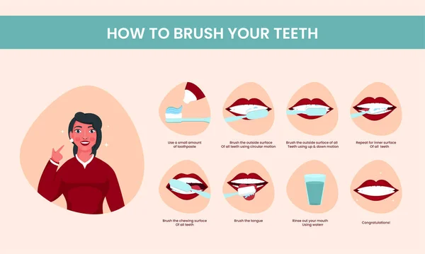 Infografika Kobieta Postać Jak Szczotkować Zęby Symbole Brzoskwiniowym Tle — Wektor stockowy