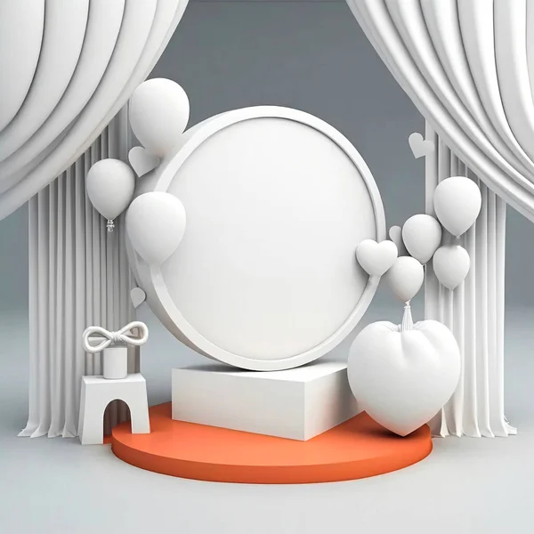 3D Render of Circular Frame On Podium With Gift Box, Balloons Decorated Light Gray Curtain Background.