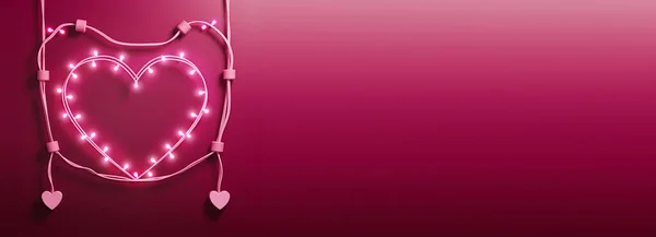 Realistic Lighting Garland Forming Heart Shape On Pink Background.