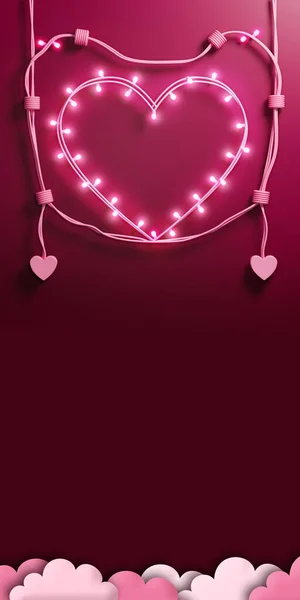 Realistic Lighting Garland Forming Heart Shape On Pink Background.
