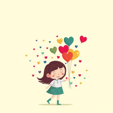 Cute Young Girl Holding Heart Balloons And Colorful Tiny Hearts Decorated Pastel Yellow Background.