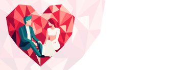 Faceless Young Couple Sitting On Red And Pink Polygonal Heart And Copy Space. Valentine's Day Banner Or Header Design.