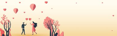 Cartoon Illustration of Young Couple Holding Heart Balloons And Nature View On Pastel Orange Background. Valentine's Day Concept.