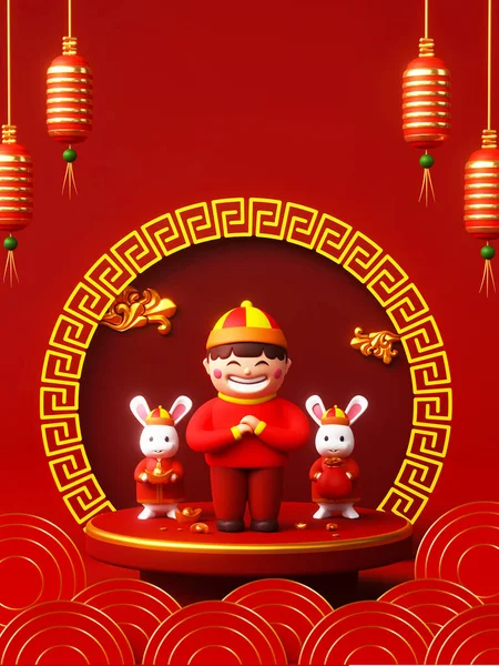 3D Illustration of Cheerful Chinese Boy Greeting Or Pay Respect With Bunnies On Podium And Lanterns Hang Decorated Red Asian Circular Frame Background.