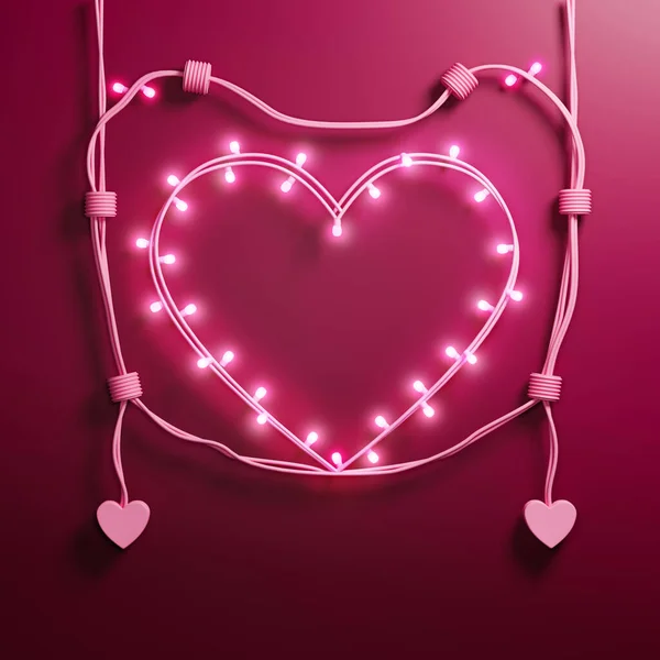 Realistic Burning String Light Heart Shape On Pink Background. Love Or Valentine Concept.