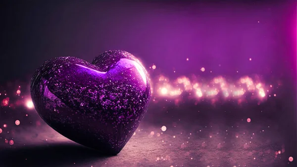 3D Render of Shiny Purple Glittery Heart Shape On Lighting Background. Love Concept.