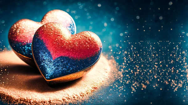 3D Render, Shiny Glittery Heart Shapes On Golden And Blue Sparkles Background. Valentine\'s Day Background.