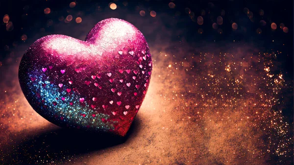 3D Render, Shiny Pink And Blue Glittery Heart Shape On Bokeh Lighting Background. Valentine\'s Day Concept.