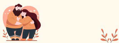 Hugging Young Man And Woman Against Pastel Pink Heart Shapes, Leaves Background And Copy Space. Love Or Valentine Concept.