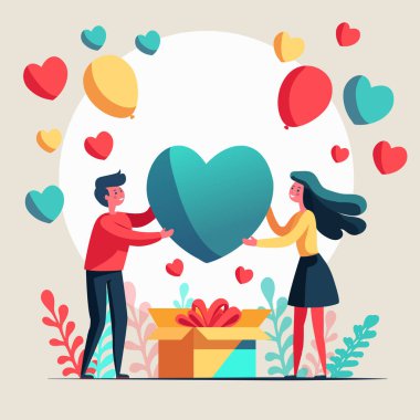 Happy Valentine's Day Concept With Young Boy And Girl Character With Colorful Hearts, Balloons Gift Box And Leaves.