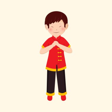 Chinese Boy In Traditional Costume Doing Fist And Palm Salute On Beige Background.