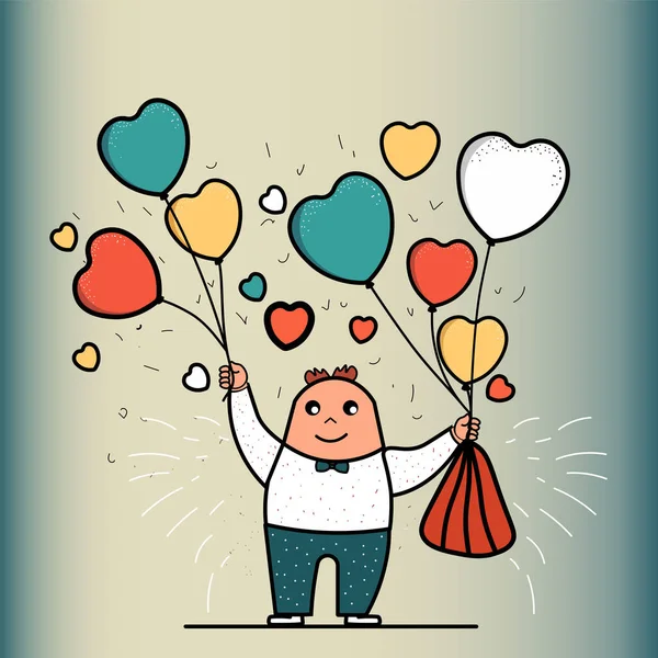 Cartoon Man Boy Holding Colorful Hearts Balloons Pastel Golden Blue — Stockvektor