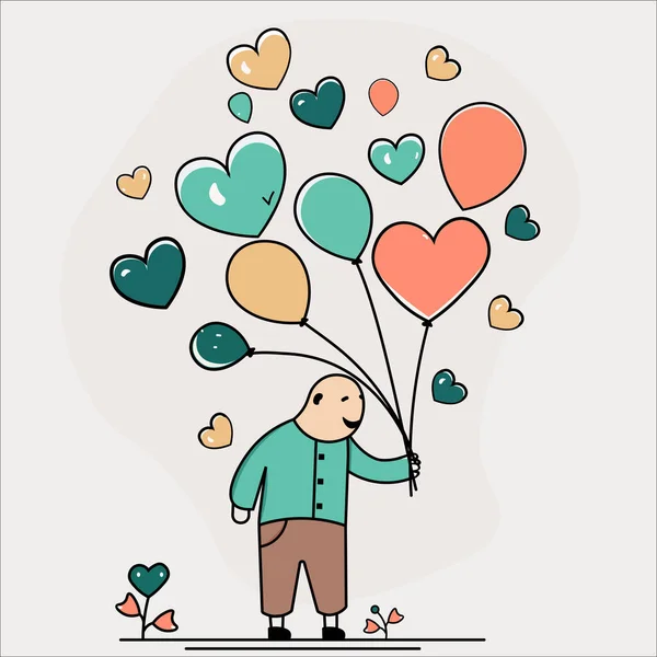 Funny Man Character Holding Colorful Heart Shape Balloons Love Valentine — Image vectorielle