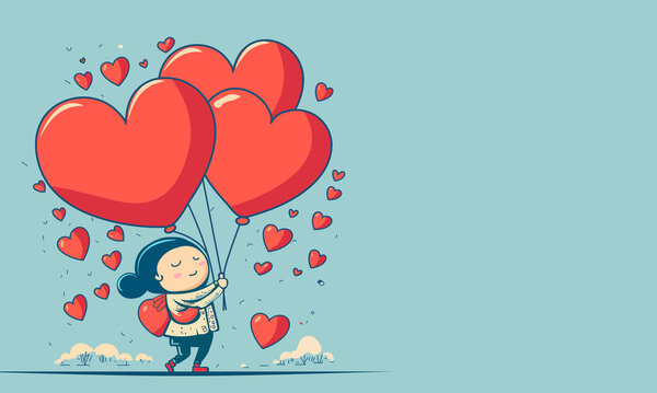 Cute Little Girl Character Holding Hearts Balloons With Trees On Paste Blue Background And Copy Space. Love or Valentine's Day Concept.