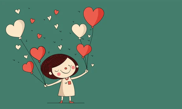 Vector Cute Little Girl Holding Heart Shape Balloons Green Background — Stockový vektor