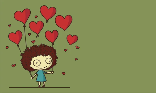 Doddle Style Cute Little Girl Holding Red Heart Shape Balloons — Image vectorielle