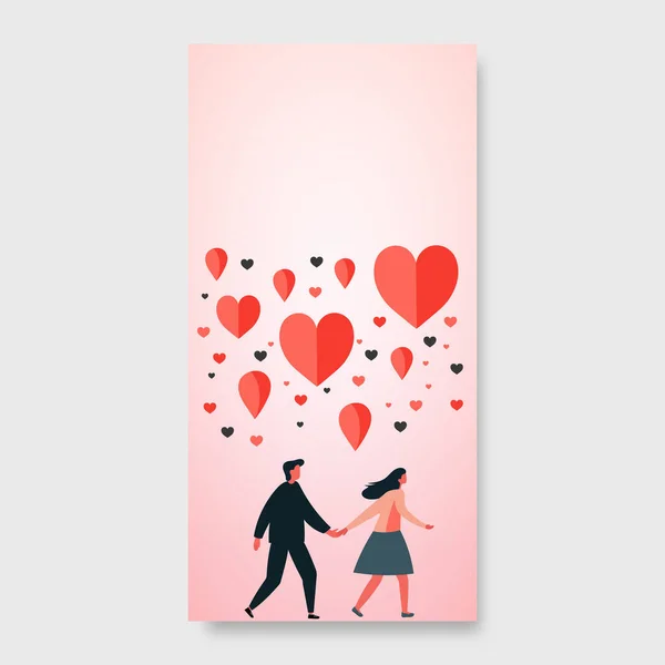 若い男と女性がパステルピンクの背景にフライングハート型で手を保持ウォーキング 愛の概念 — ストックベクタ
