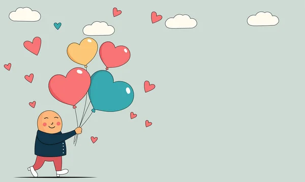 カラフルなハート型の風船でかわいい男の子を歩く 灰色の背景に雲とコピースペース 愛またはバレンタインコンセプト — ストックベクタ