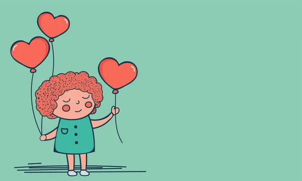 Cute Little Girl Holding Hearts Balloons Pastel Green Background Copy — Stockový vektor