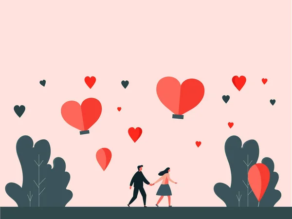Walking Young Man Woman Holding Hands Flying Heart Shapes Leaves — Stockvektor