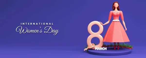 International Women's Day Concept With 3D Render, Young Girl Character Standing On Stage And 8 March Text, Venus Symbol.