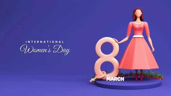International Women\'s Day Concept With 3D Render, Young Girl Character Standing On Stage And 8 March Text, Venus Symbol.