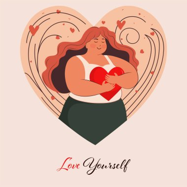 Modern Young Woman Character Hugging A Red Heart On Peach Heart Shape Background For Love Yourself. Valentine's Day Greeting Card.