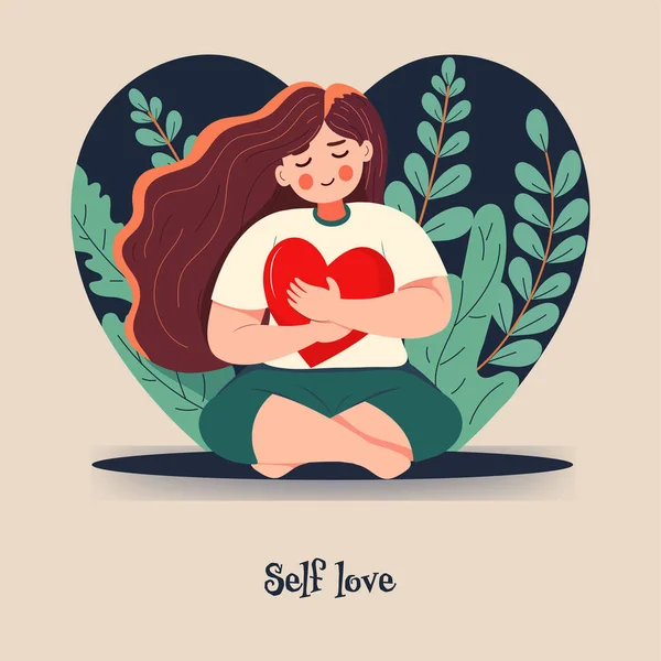 Young Girl Character Sitting Hugging Red Heart Nature View Self — Stockvektor