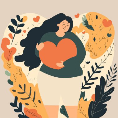 Young Girl Character Hugging A Heart On Nature Background. Self Love or Valentine's Day Concept.