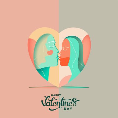 Happy Valentine's Day Concept, Abstract Romantic Couple Character Kissing Inside Heart Shape On Pastel Pink And Gray Background.