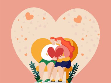 Romantic Young Couple Character Sitting On Bench Against Hearts Decorated Peach Background. Valentine's Day Concept.