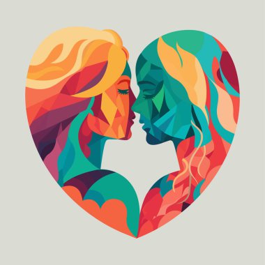 Colorful Polygonal Lesbian Couple Character Kissing On Gray Background. LGBTQ or Valentine's Day Concept.