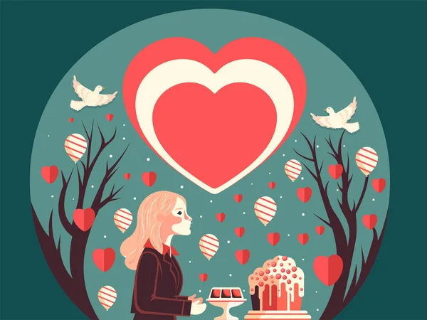 バレンタインデーの背景若い女の子のキャラクター デザート 紙の心 裸の木と空飛ぶ鳩 — ストックベクタ
