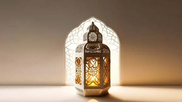 Realistic Illuminated Arabic Lantern On Islamic Window Background. Islamic Religious Concept. 3D Render.