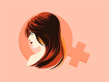 Beautiful Young Woman Face On Venus Symbol And Pastel Red Background. Happy Women's Day Concept.