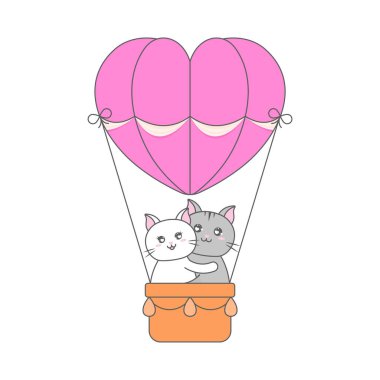 Illustration Of Cute Cat Riding on Hot Air Balloon.