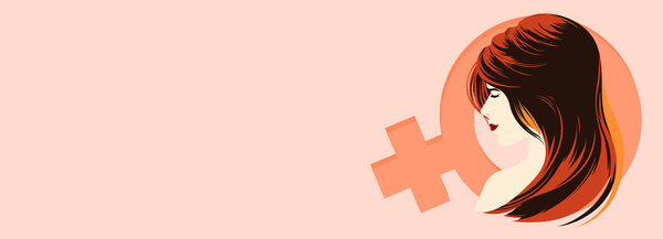 Красивая молодая женщина лицо на Венере символа и пастельного красного фона. С женским днем!.