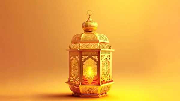 Illuminated Golden Arabic Lantern On Chrome Yellow Background. Islamic Religious Concept. 3D Render.
