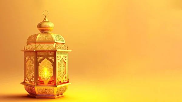 Illuminated Golden Arabic Lantern On Chrome Yellow Background. Islamic Religious Concept. 3D Render.